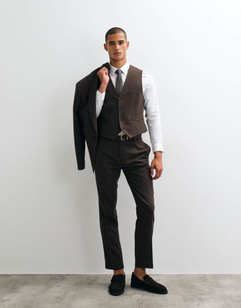 ASOS DESIGN slim herringbone suit trousers with wool in brown - view 1