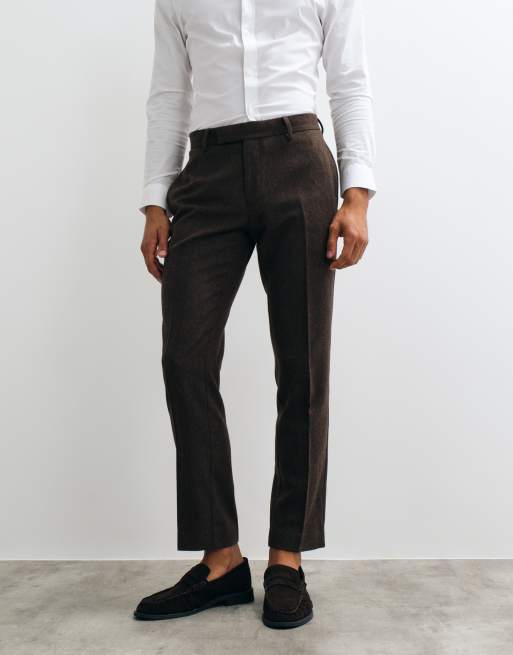ASOS DESIGN slim herringbone suit trousers with wool in brown, 4 of 5
