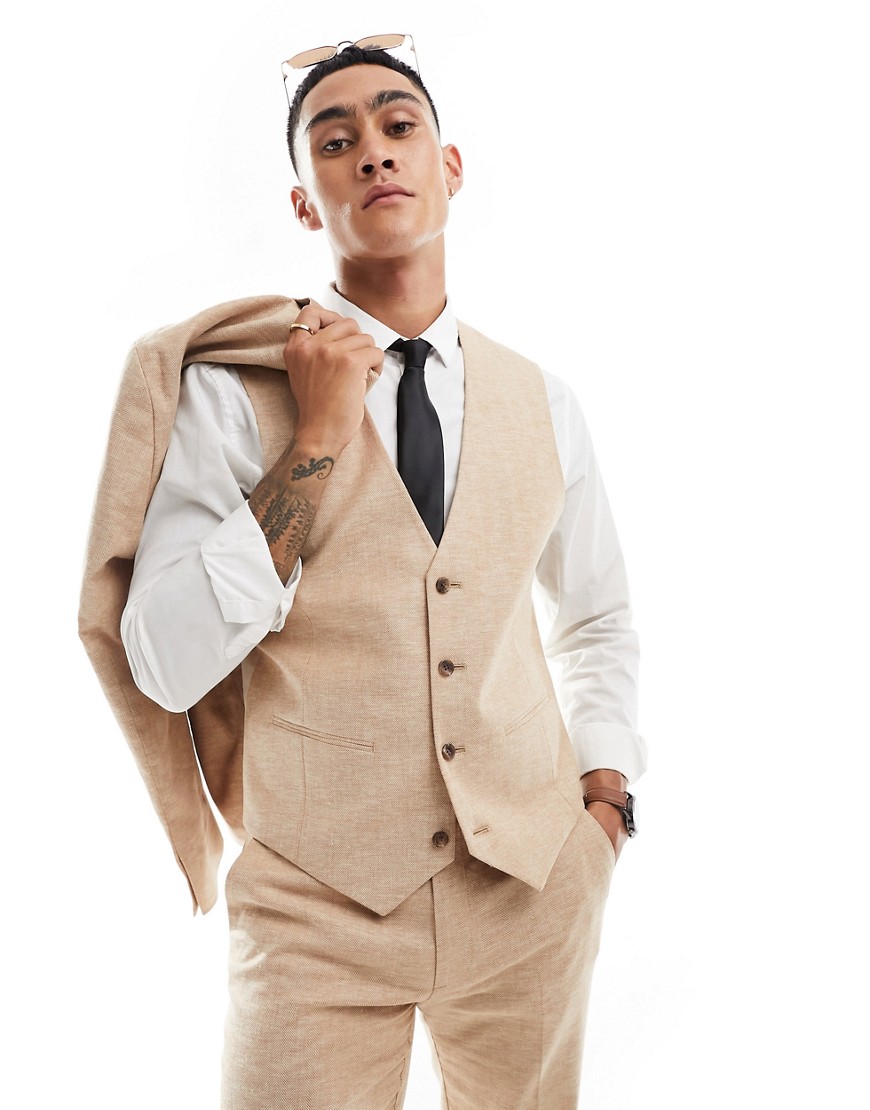 Asos Design Slim Herringbone Suit Vest With Linen In Stone-brown