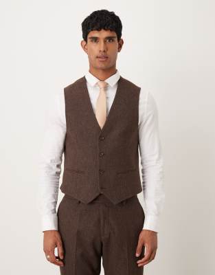 Asos Design Slim Herringbone Suit Vest With Wool In Brown