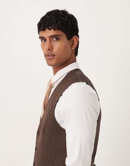 ASOS DESIGN slim herringbone suit vest with wool in brown, 4 of 5