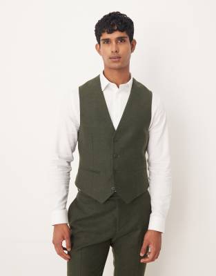Asos Design Slim Herringbone Suit Vest With Wool In Green