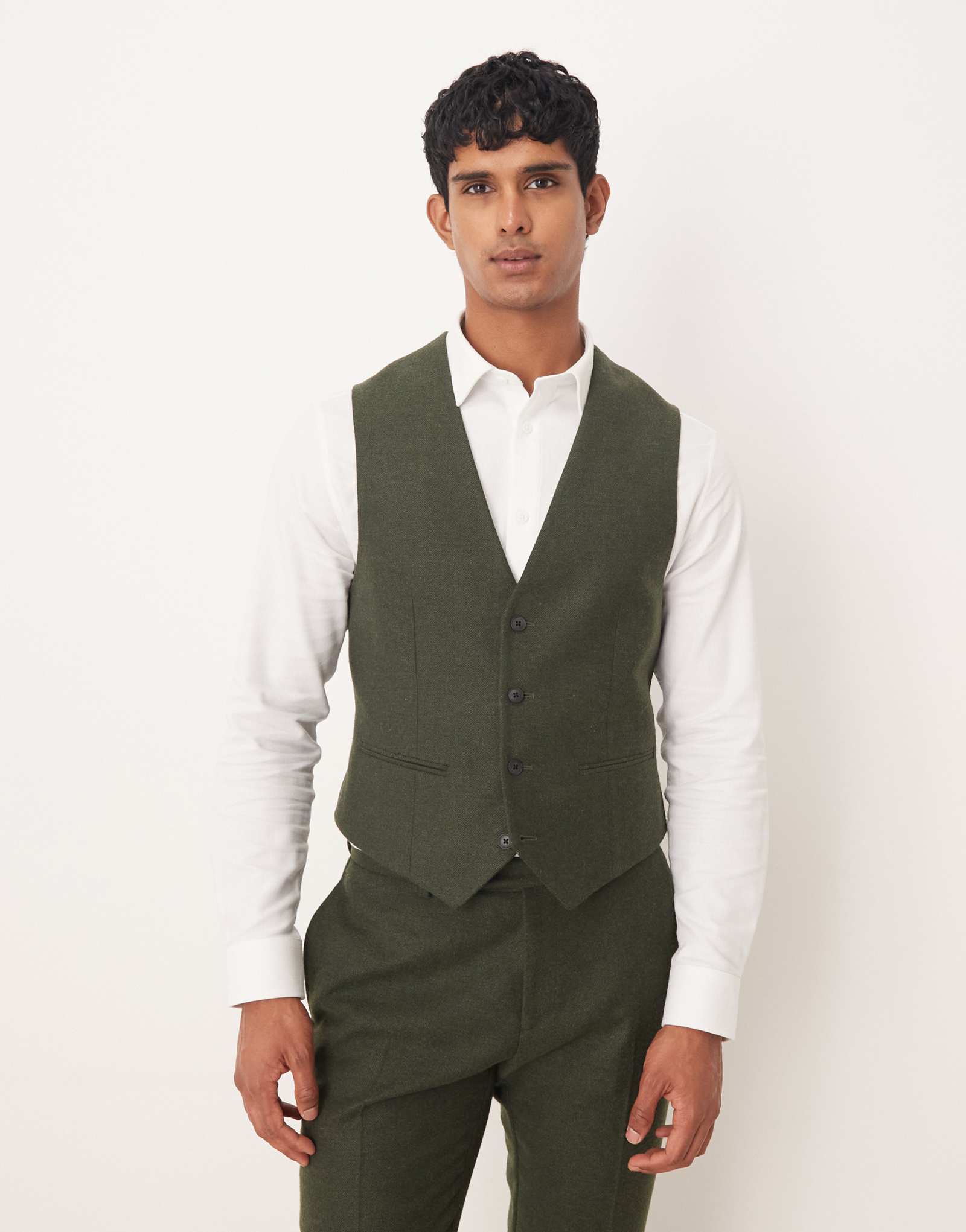 ДИЗАЙНЕРСКИЙ тонкий шерстяной жилет в елочку от ASOS темно-зеленого цвета