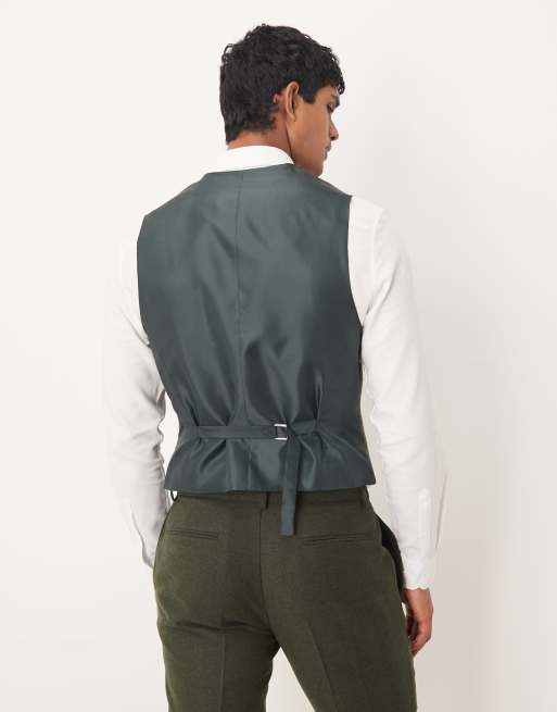ASOS DESIGN slim herringbone suit vest with wool in dark green, 3 of 5