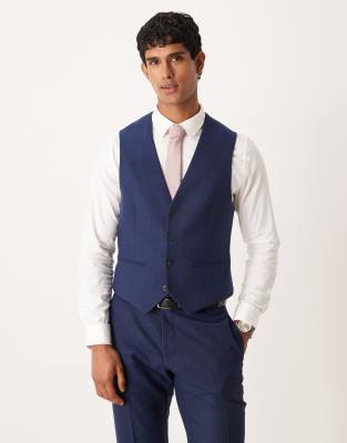 Asos Design Slim Herringbone Suit Vest With Wool In Blue