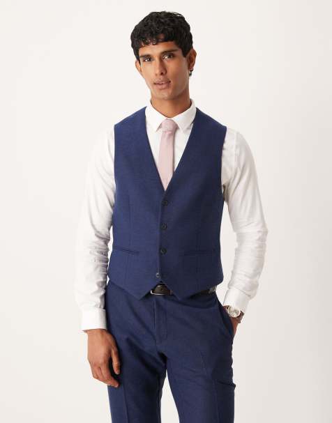 ASOS DESIGN slim herringbone suit vest with wool in navy - view 1