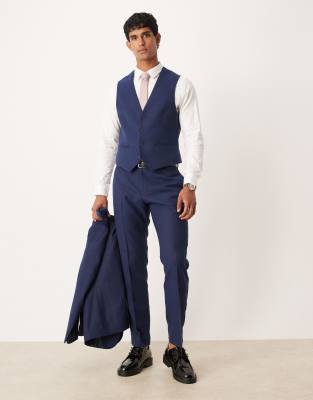 Asos Design Slim Herringbone Suit Vest With Wool In Blue