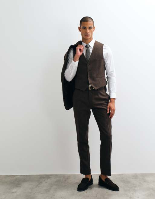 ASOS DESIGN slim herringbone suit waistcoat with wool in brown, 2 of 5