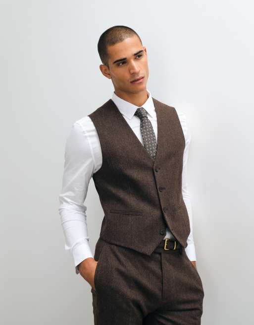 ASOS DESIGN slim herringbone suit waistcoat with wool in brown, 3 of 5
