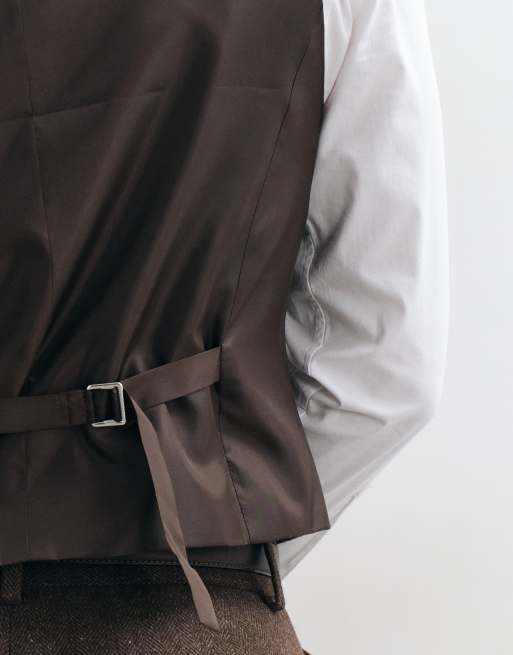 ASOS DESIGN slim herringbone suit waistcoat with wool in brown, 4 of 5