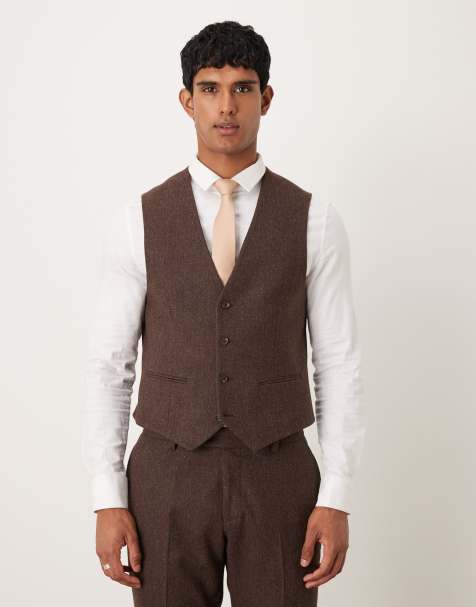 ASOS DESIGN slim herringbone suit waistcoat with wool in brown - view 1