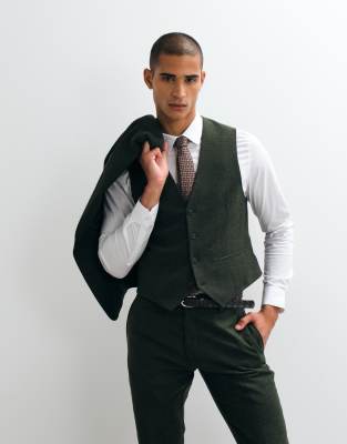 Asos Design Slim Herringbone Suit Waistcoat With Wool In Green