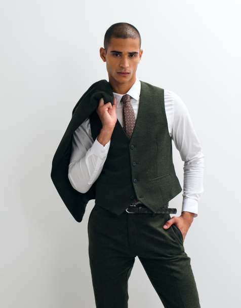 ASOS DESIGN slim herringbone suit waistcoat with wool in dark green - view 1
