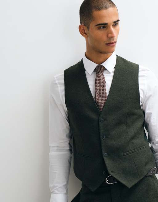 ASOS DESIGN slim herringbone suit waistcoat with wool in dark green, 4 of 5
