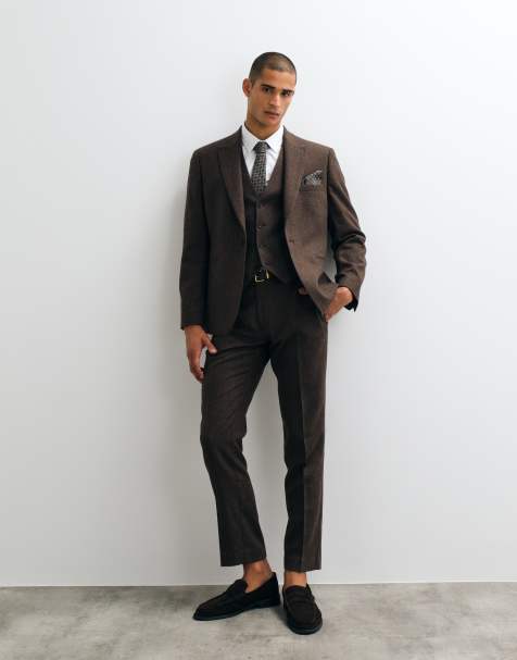 ASOS DESIGN slim herringbone suit with wool in brown - view 1