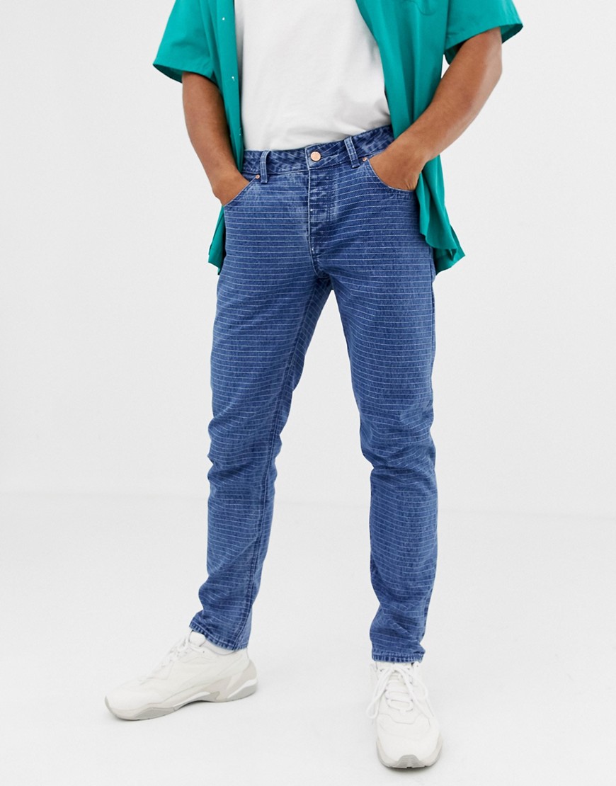 ASOS DESIGN slim jeans in mid wash blue with horizontal pin stripe