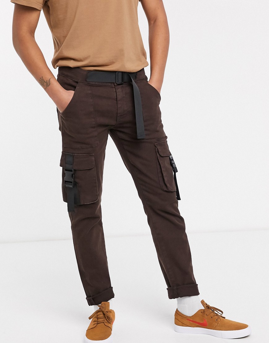 ASOS DESIGN slim jeans with cargo pocket and techy waist belt in brown