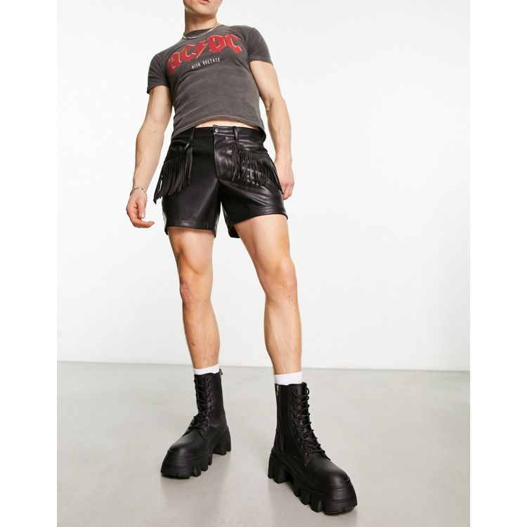 ASOS DESIGN slim leather look shorts in shorter length with fringed pockets  in black
