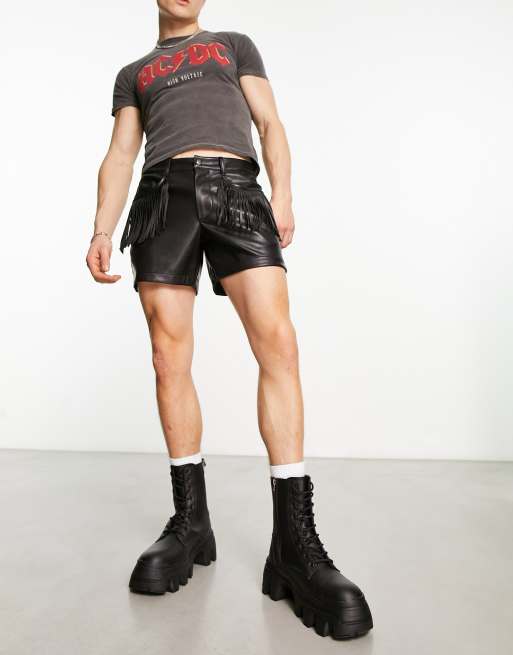 ASOS DESIGN slim leather look shorts in shorter length with fringed pockets  in black