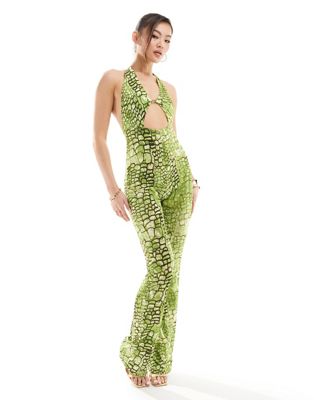 ASOS DESIGN slim leg cut out detail jumpsuit in neon green snake print
