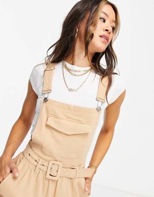 ASOS DESIGN slim leg washed twill belted overalls in stone