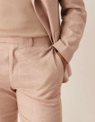 Asos Design Slim Linen Blend Herringbone Suit Pants In Pink