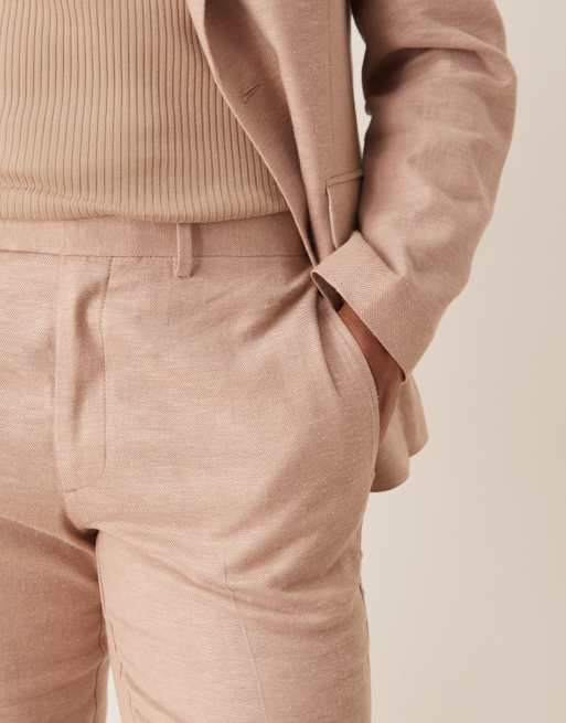 ASOS DESIGN slim linen blend herringbone suit pants in stone