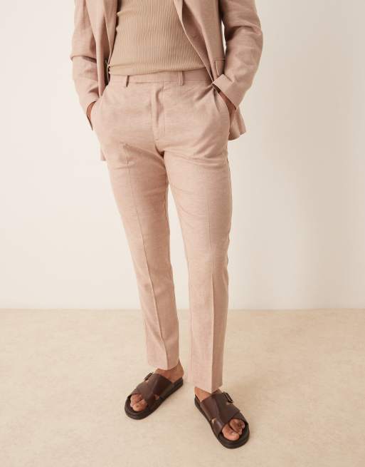 ASOS DESIGN slim linen blend herringbone suit pants in stone