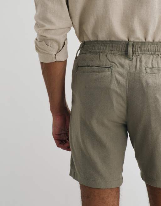 ASOS DESIGN slim linen blend shorts in mid length in khaki, 5 of 5