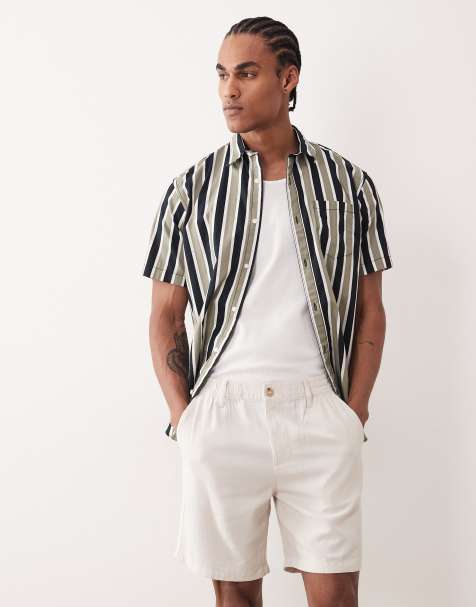 ASOS DESIGN slim linen blend shorts in mid length in stone - view 1