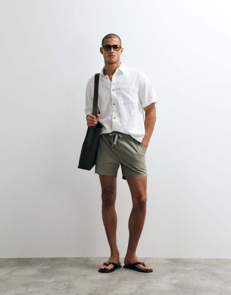 ASOS DESIGN slim linen blend shorts in short length in khaki