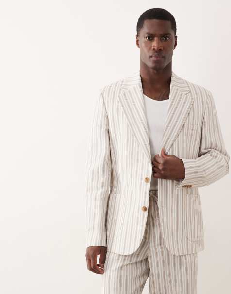ASOS DESIGN slim linen blend suit jacket in cream stripe - view 1
