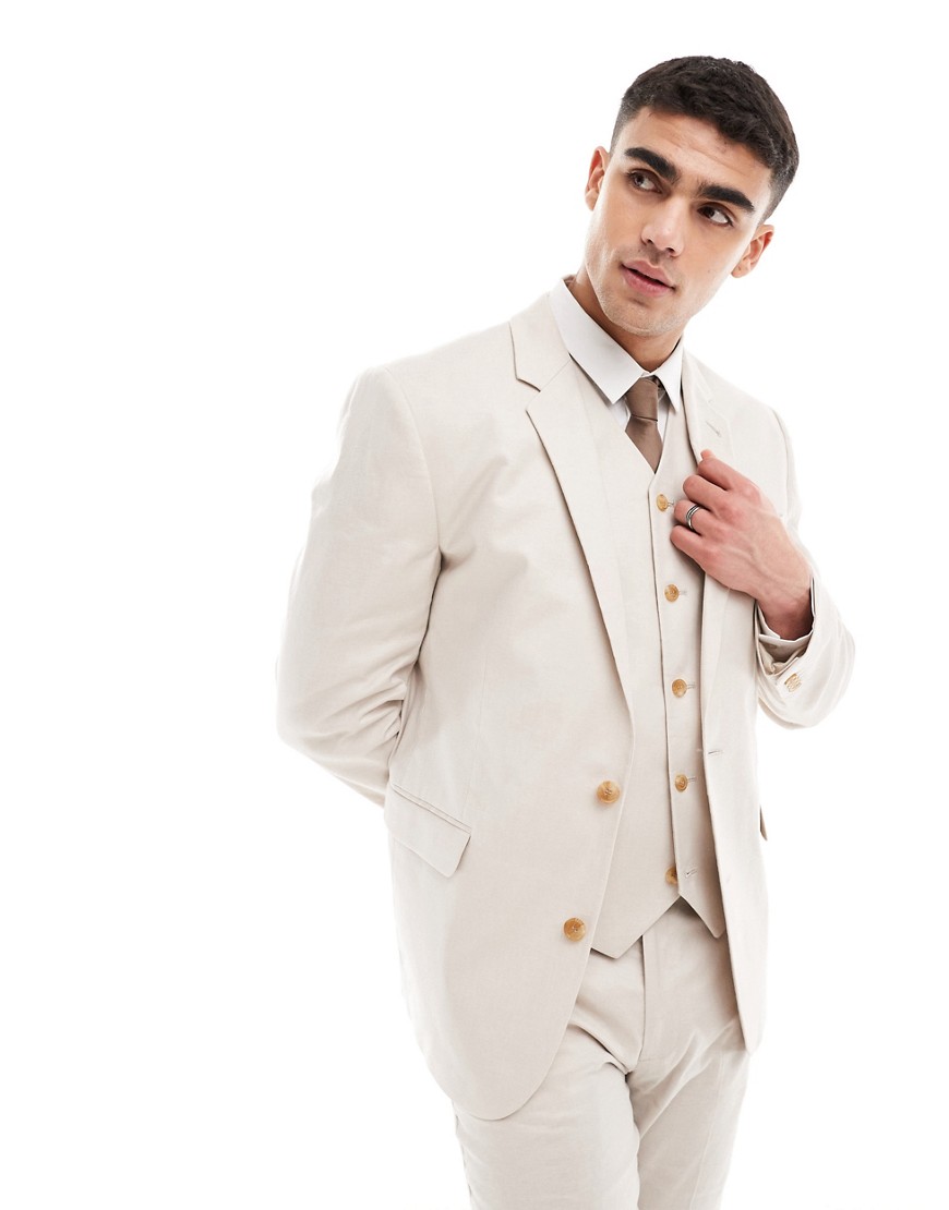 ASOS DESIGN slim linen blend suit jacket in stone-Neutral