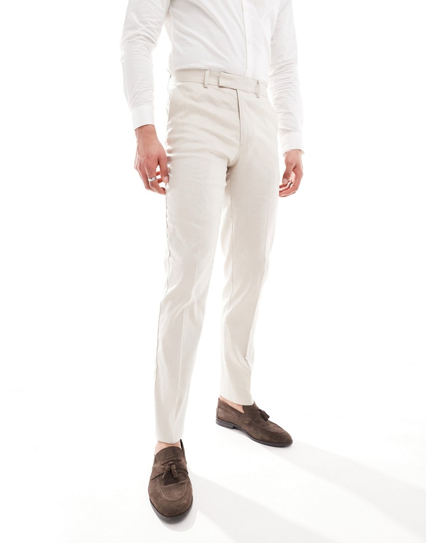 ASOS DESIGN slim linen blend suit trousers in stone-Neutral