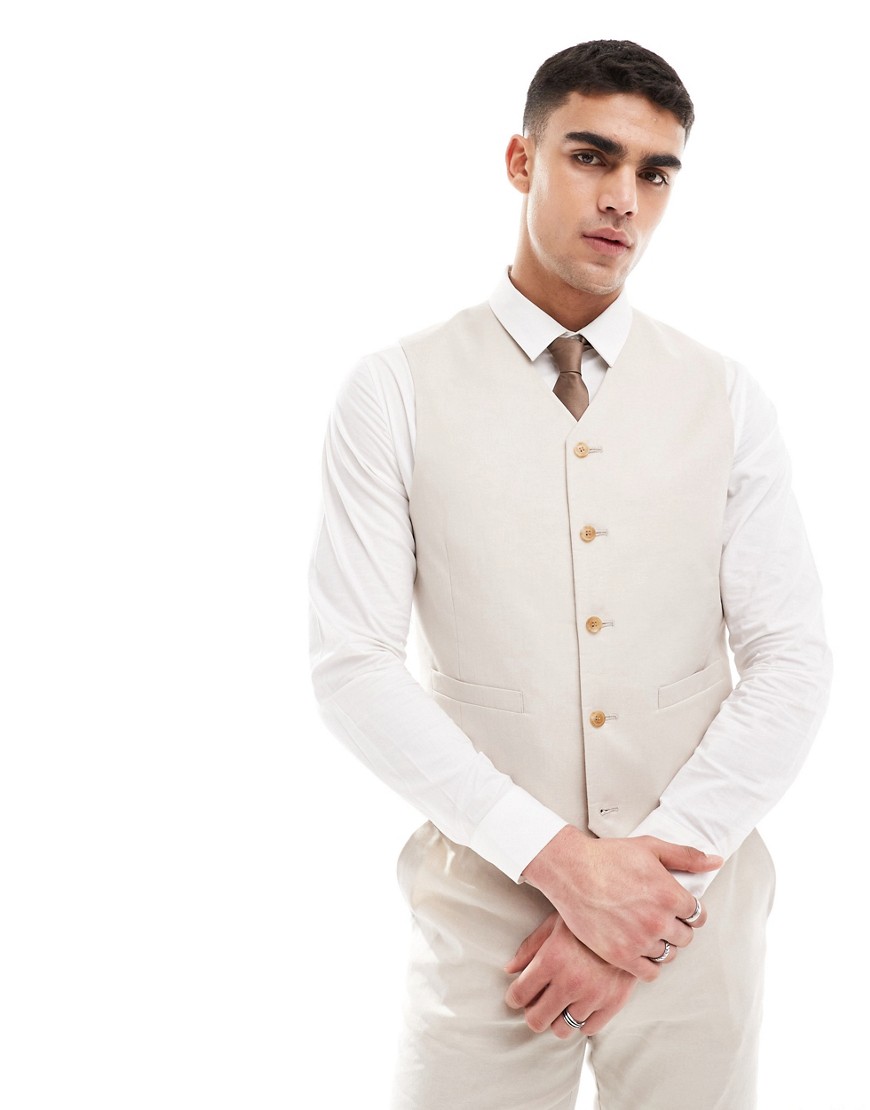Asos Design Slim Linen Blend Suit Vest In Stone-neutral