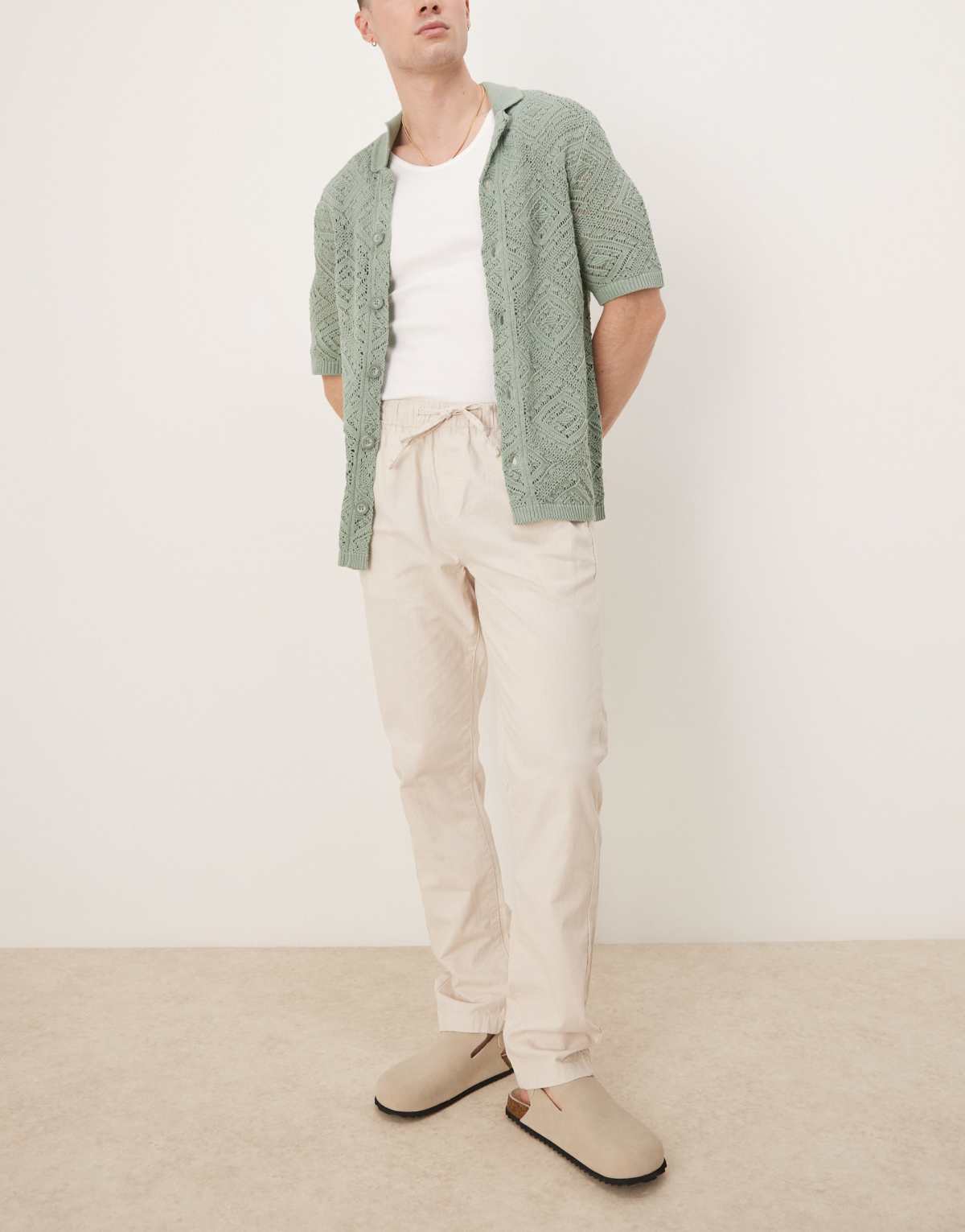 ASOS DESIGN slim linen blend trousers in stone