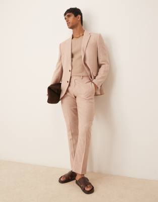 ASOS DESIGN ASOS DESIGN slim linen herringbone suit trousers in stone-Neutral