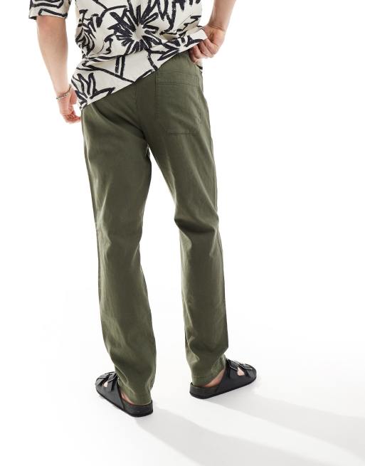 ASOS DESIGN slim linen look pants in khaki with elasticated waist