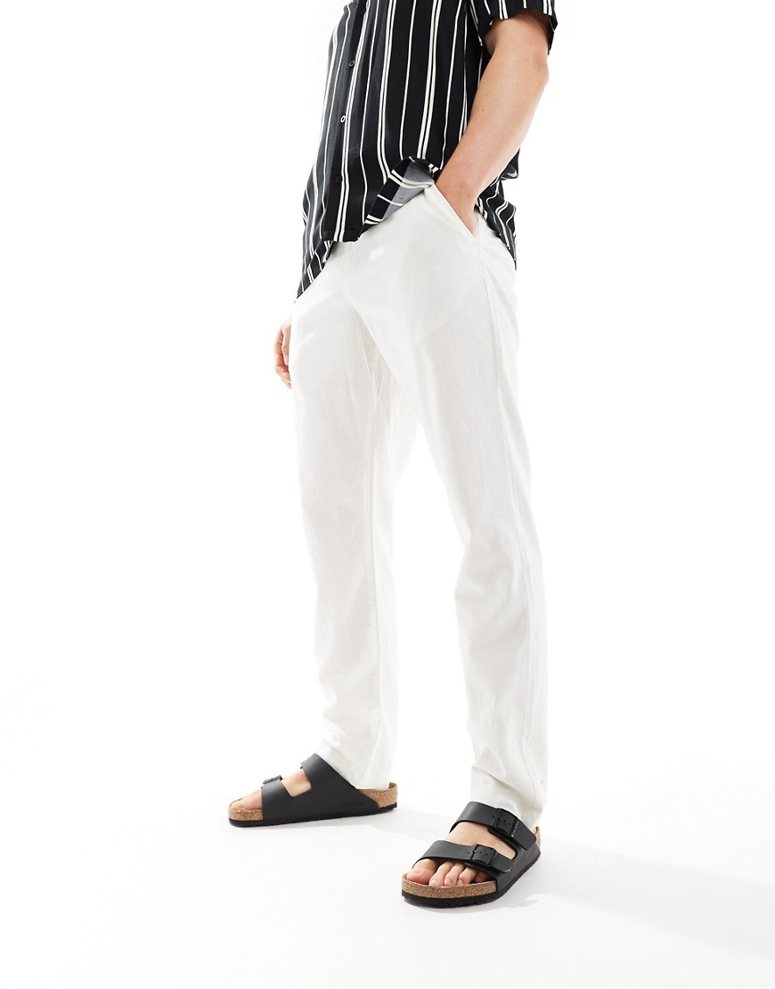 Asos Design Slim Linen Mix Pants In White With Elastic Waist