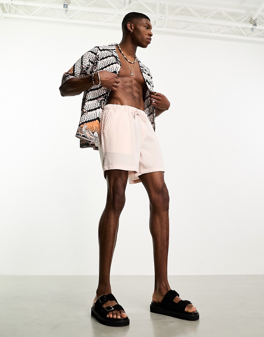 ASOS DESIGN slim linen mix shorts in shorter length in light pink