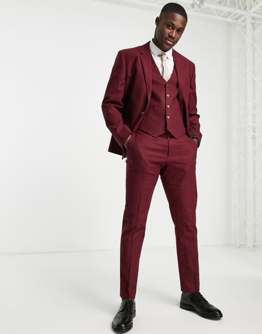 ASOS DESIGN slim linen mix suit jacket in burgundy ASOS