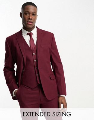 Asos Design Slim Linen Mix Suit Jacket In Burgundy-red
