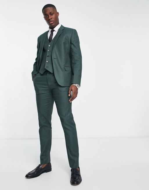 Slim Fit Linen Jacket - Dark green melange - Men