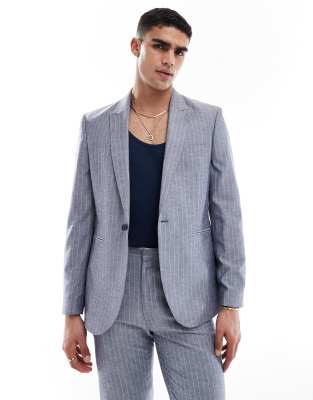 Asos Design Slim Linen Mix Suit Jacket In Navy Pinstripe