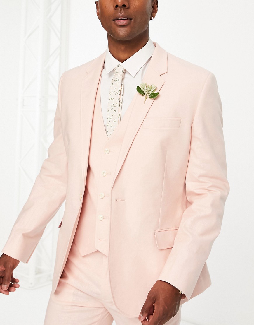 ASOS DESIGN slim linen mix suit jacket in pink