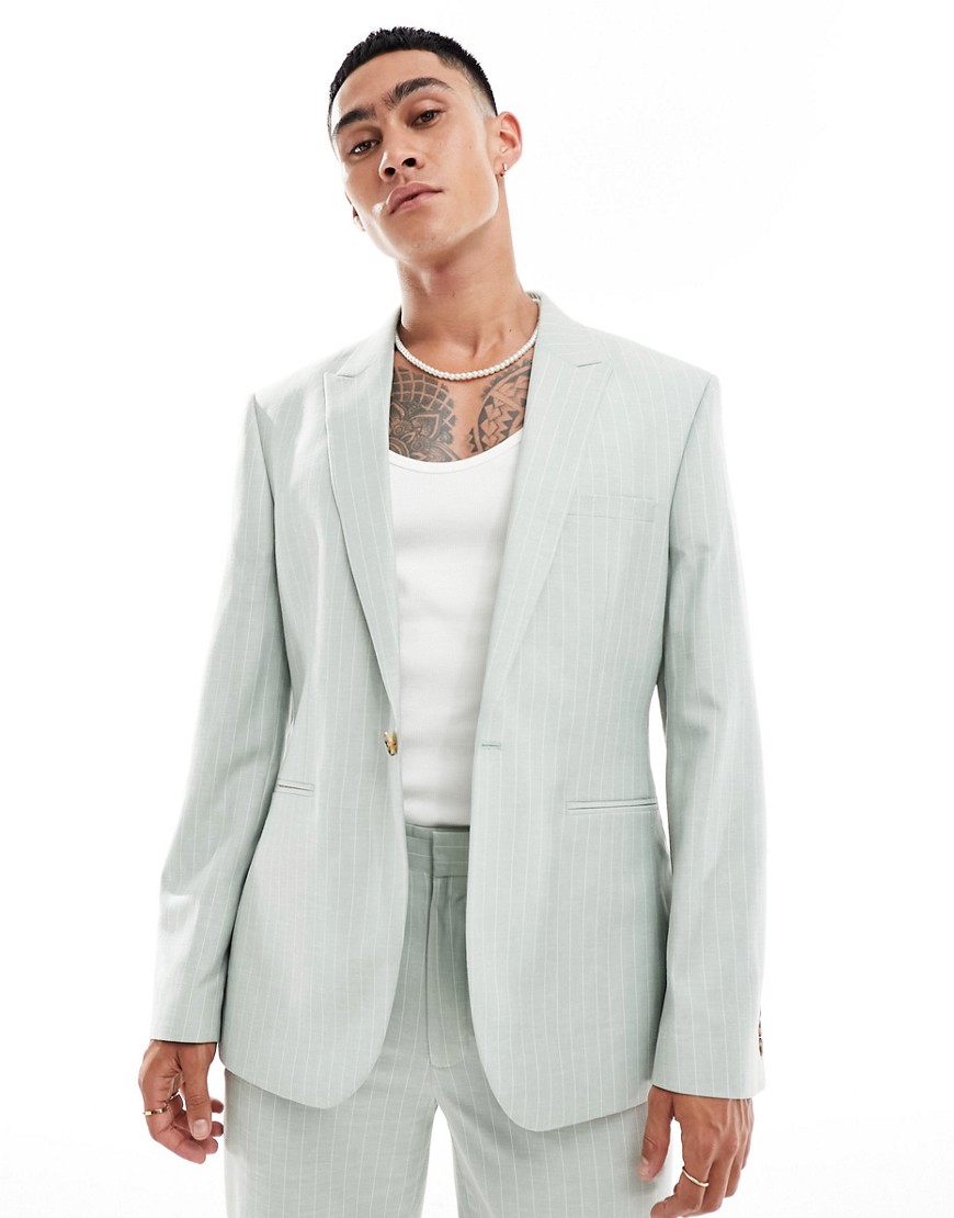 Asos Design Slim Linen Mix Suit Jacket In Sage Green Pinstripe