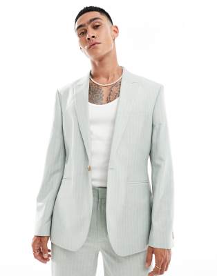 ASOS DESIGN slim linen mix suit jacket in sage green pinstripe