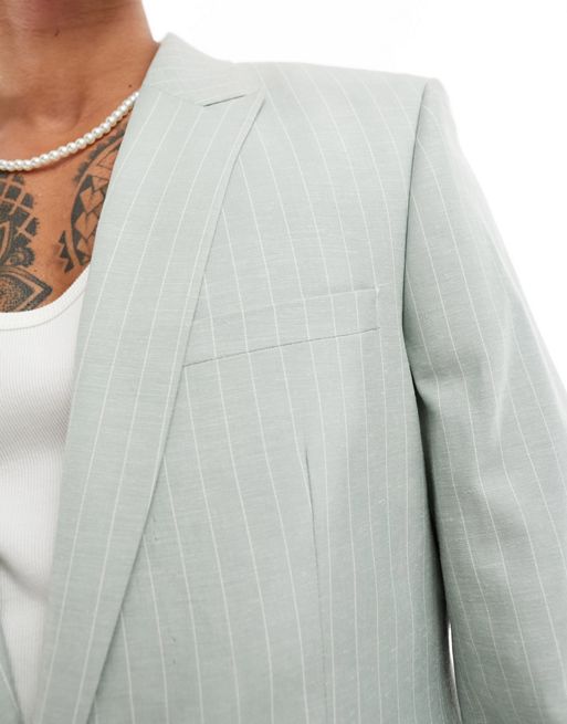 ASOS DESIGN slim linen mix suit jacket in sage green pinstripe