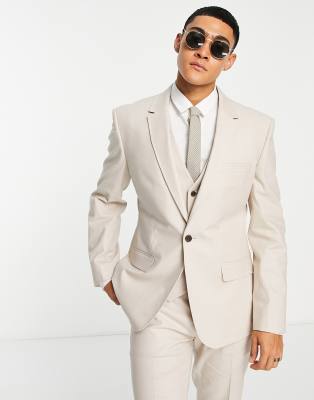 ASOS DESIGN slim linen mix suit jacket in stone-Neutral