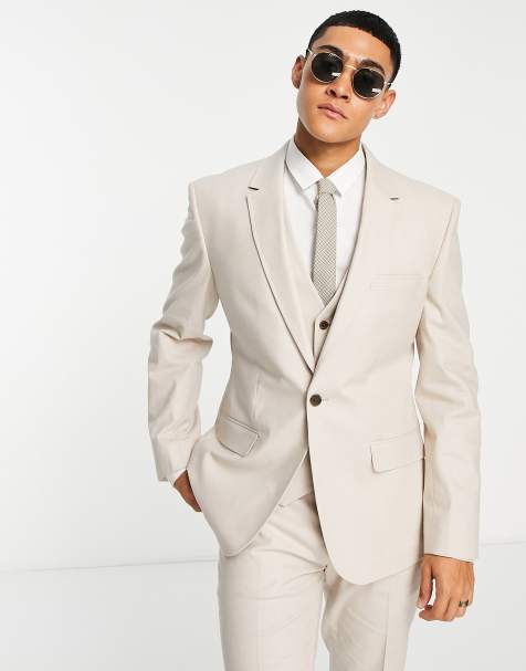 ASOS DESIGN slim linen mix suit jacket in stone - view 1